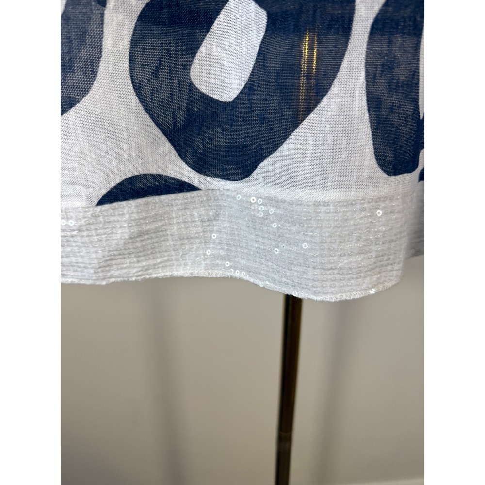 Made in Italy Linen Blend Tunic Top Navy White Abstract Circle Sequin Trim M/L - Picture 4 of 10